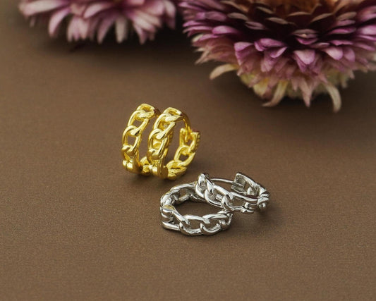 Pair of Bold Chunky Snug Fit Chain Link Huggie Earrings in Sterling Silver or Plated Gold