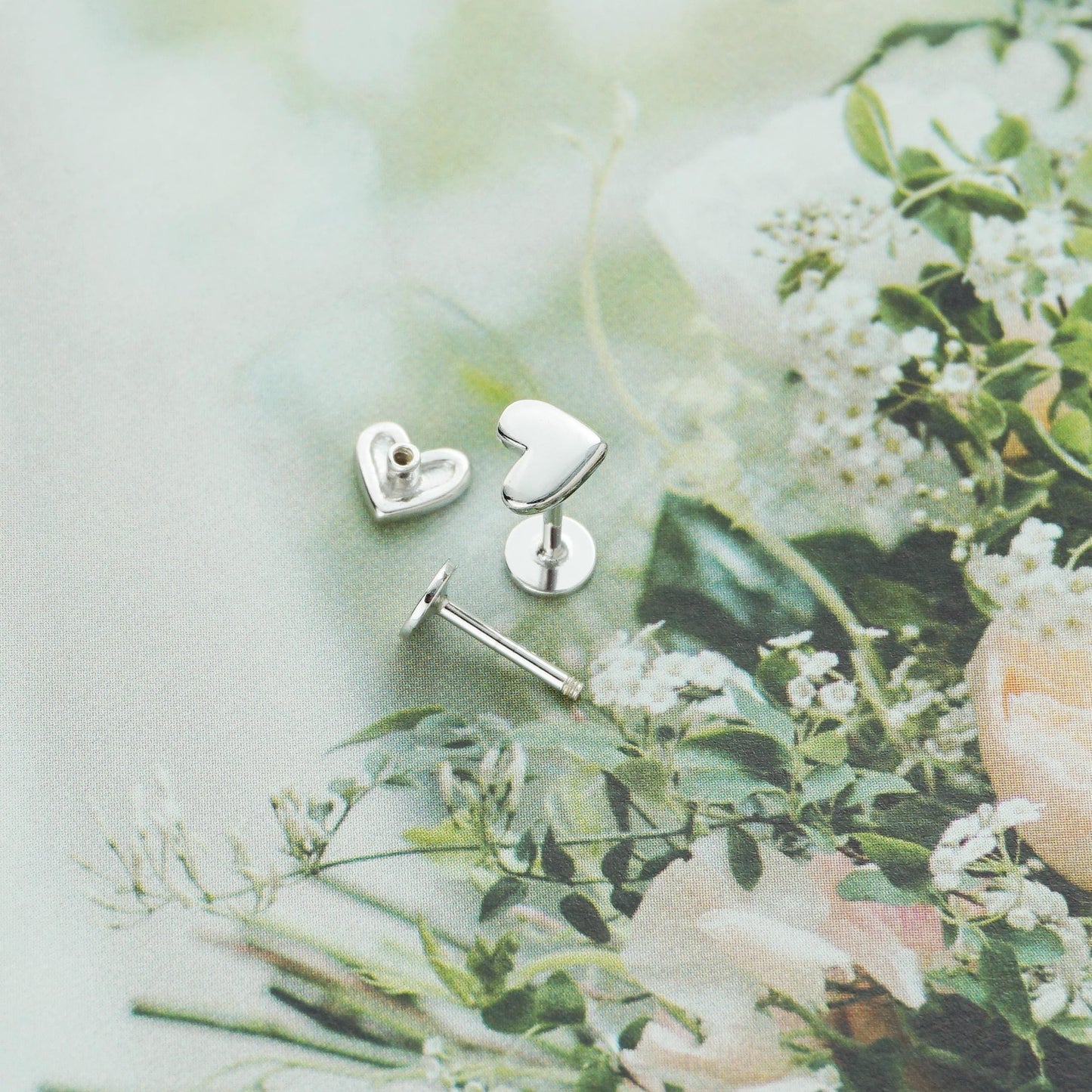 Pair of Tiny Heart Stud Earrings in Sterling Silver, 14ct Gold or Rose Gold, Flat Screw Back Piercing