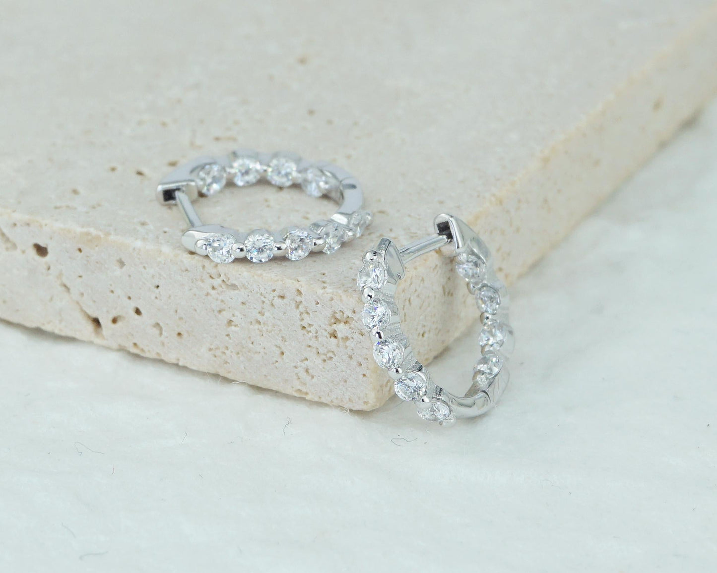 Pair of Sterling Silver Inside Out CZ Gemstone Huggie Hoop Earrings in Rhodium or 18ct Gold Plated