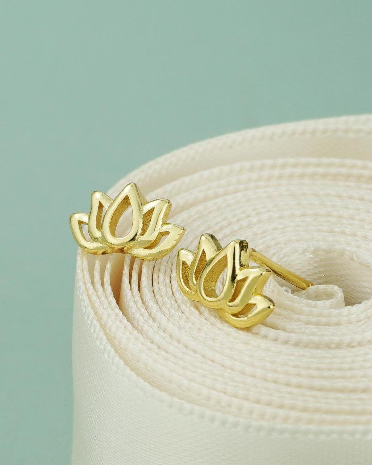 Pair of Tiny Lotus Flower Stud Earrings in 18ct Gold Plated over Sterling Silver