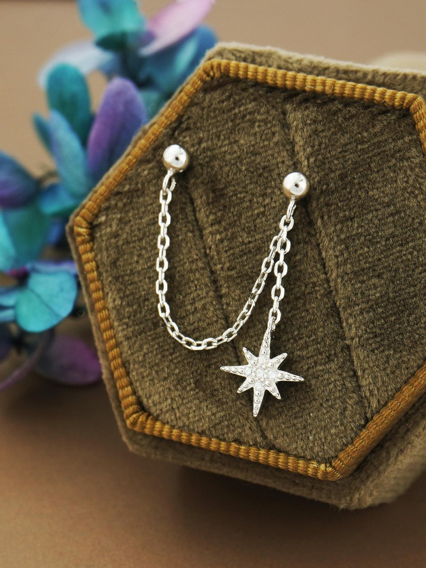 1 pc of Starburst Stud Earring in Sterling Silver or 14ct Gold Plated, Dangly Sparkly CZ Star with Drop Chain