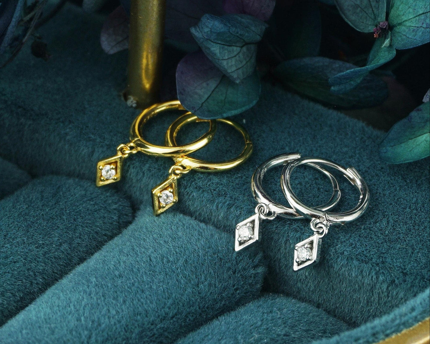 Pair of Tiny Dangle Diamond Shaped Charm CZ Huggie Hoop Earrings in 925 Sterling Silver or Plated Gold