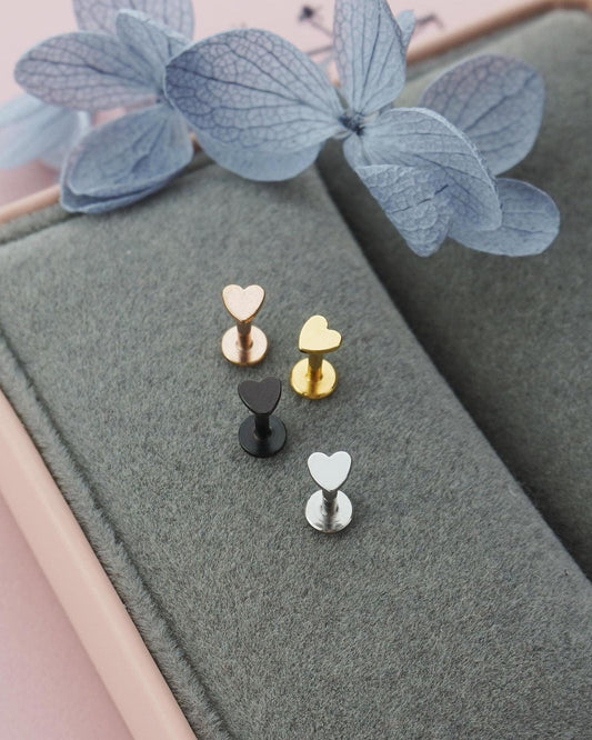 Tiny Love Heart Stainless Steel Stud Earring in Steel, Black, Rose Gold or Gold, Flat Screw Back, 6mm or 8mm post
