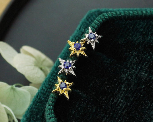 Pair of Tiny Sterling Silver Starburst Stud Earrings in Rhodium or Gold Plated, Celestial Star Burst Design with Blue CZ