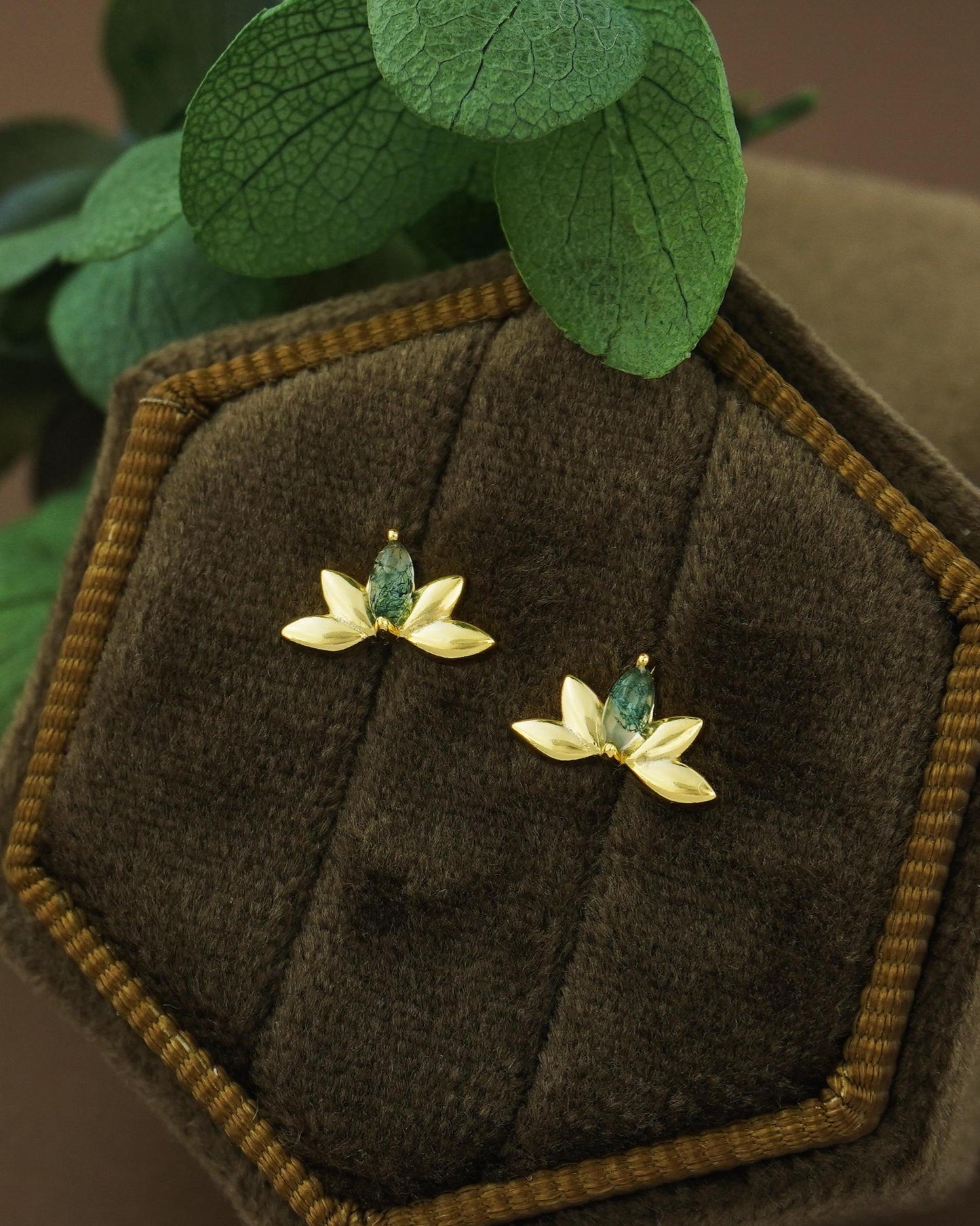 1 pc of Natural Green Moss Agate Marquise Crown Flat Back Stud Earring, Gold Plated over Sterling Silver