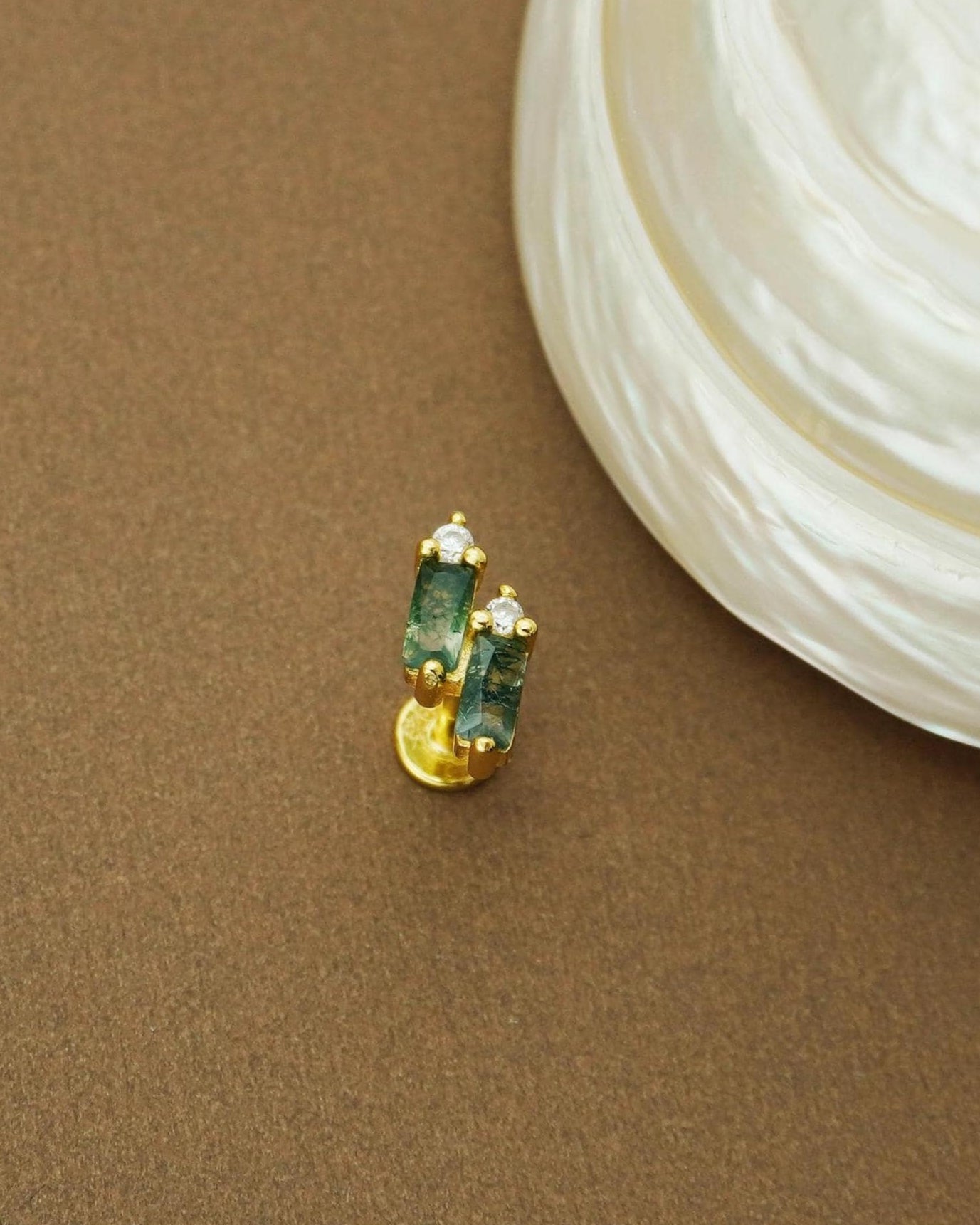 1 pc of Natural Green Moss Agate Double Baguette Stud Earring in Gold Plated over Sterling Silver