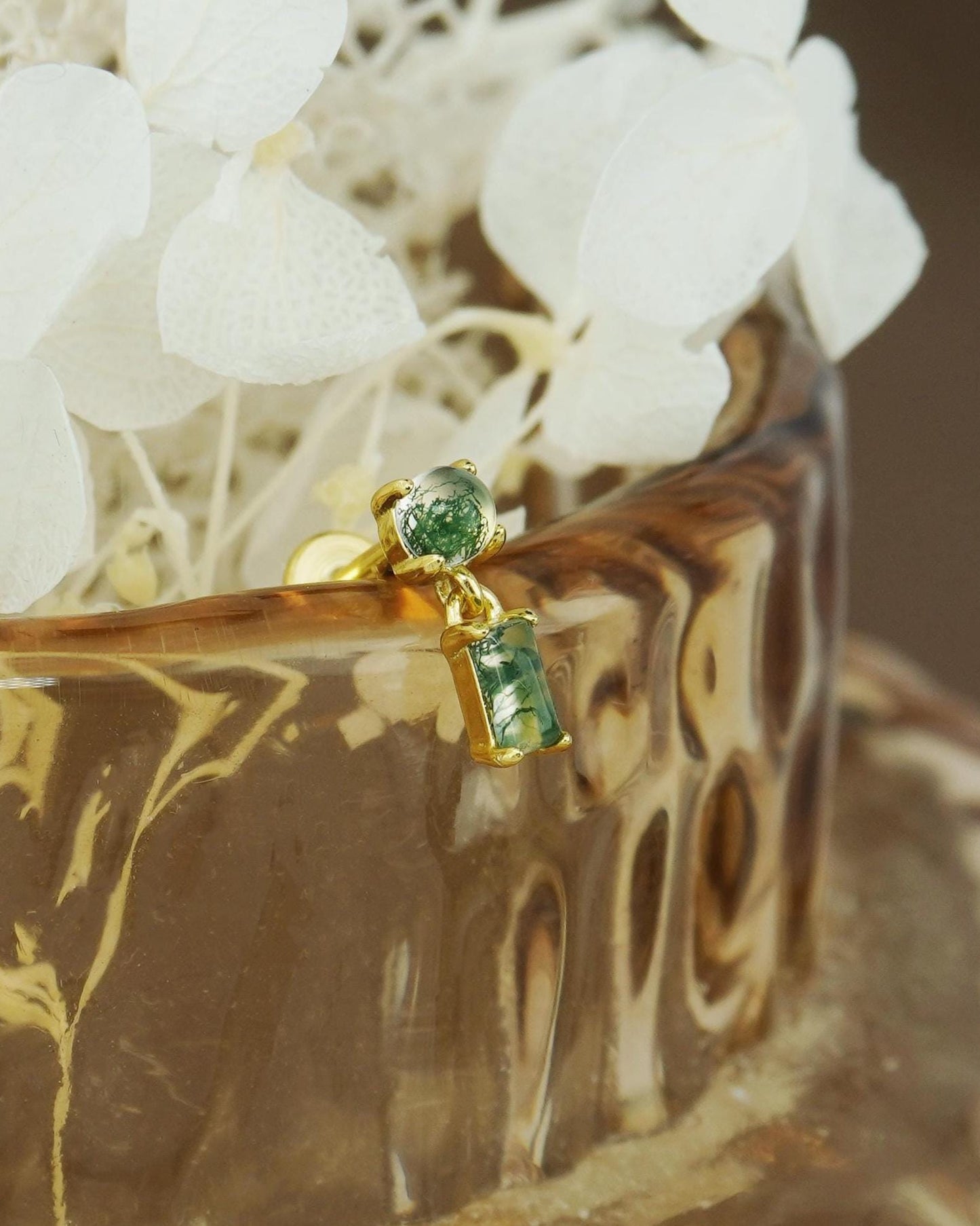 1 pc of Natural Green Moss Agate Cabochon and Dangly Baguette Stud Earring, Gold Plated over Sterling Silver