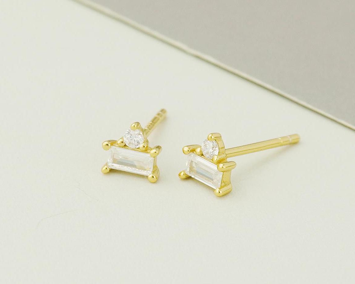 Pair of CZ Sterling Silver Stud Earrings in Rhodium or 18ct Gold Plated, Brilliant Cut & Baguette Duo Stacked Stone