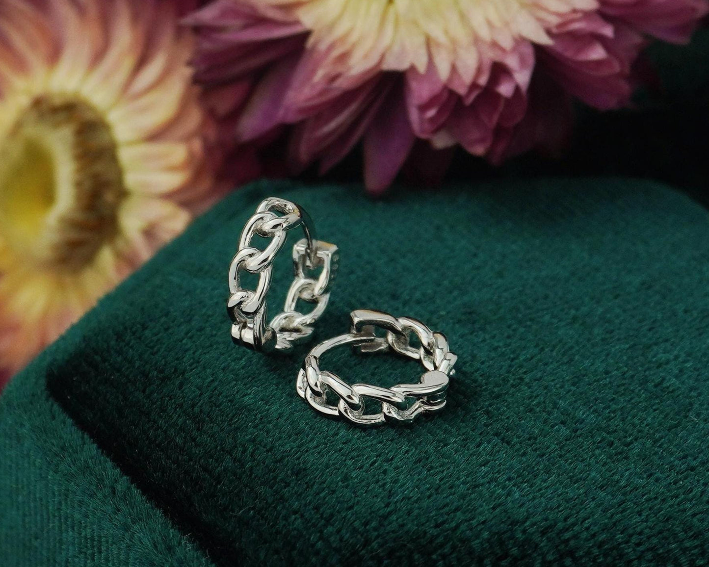 Pair of Bold Chunky Snug Fit Chain Link Huggie Earrings in Sterling Silver or Plated Gold