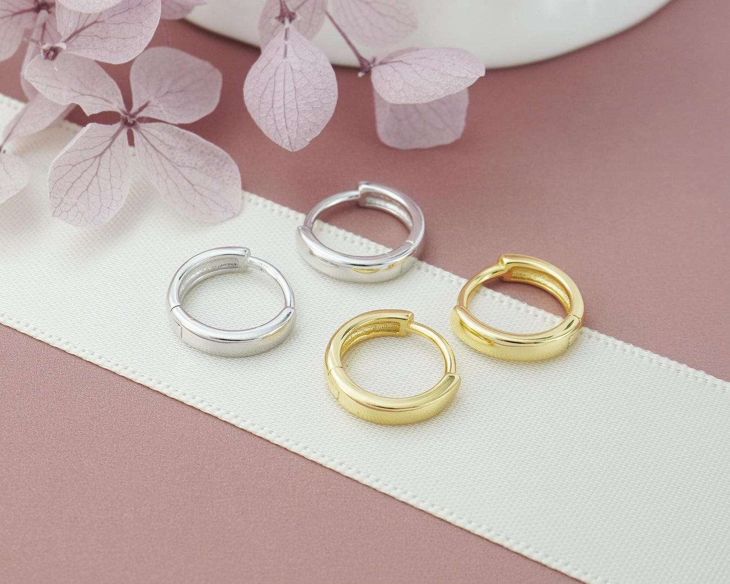 Pair of Round Edged Huggie Hoop Earrings in Sterling Silver or 18ct Gold Plated