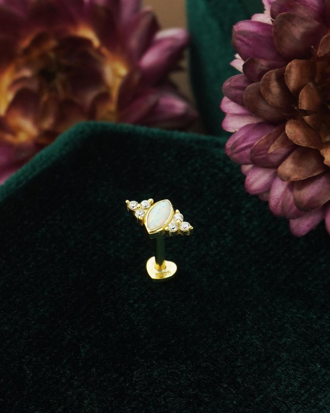 1 pc of Marquise Opal Stud Earring with Sparkly CZ Gem in 18ct Gold Plated over Sterling Silver, Lobe Tragus Cartilage Piercing Jewelry