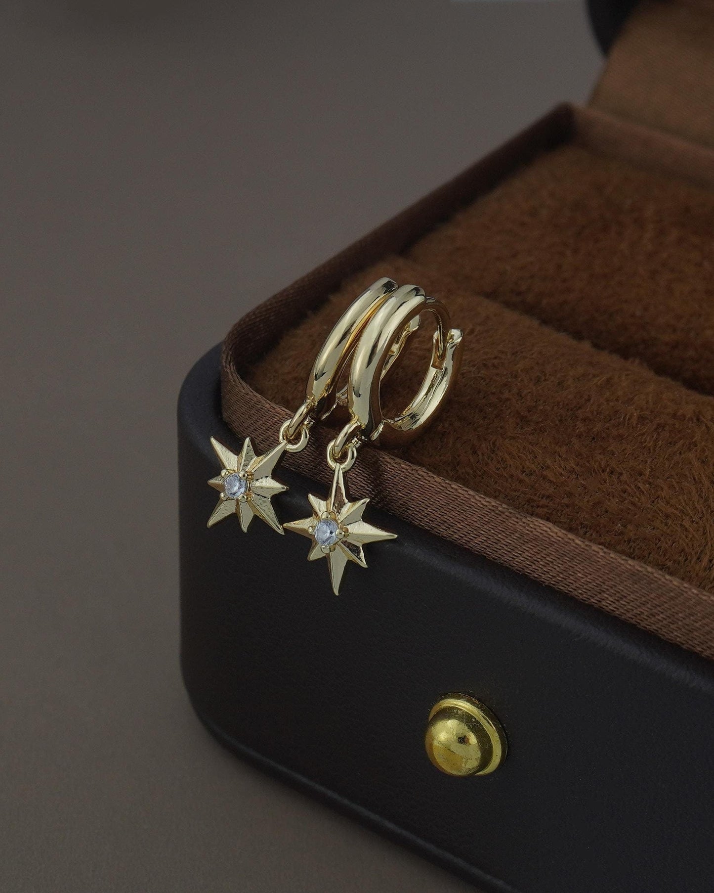 Pair of Starburst Huggie Hoop Earrings in Gold Plated Brass, Sunburst Charm with Sparkly CZ