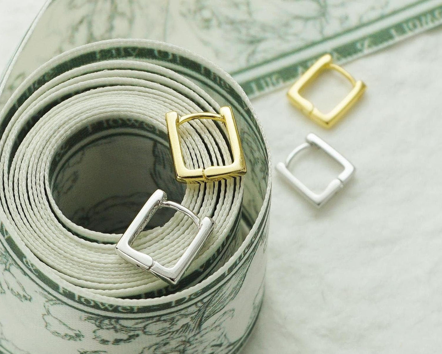 Pair of Tiny Snug Fit Minimal Square Link Huggie Hoops in 925 Sterling Silver or Plated Gold