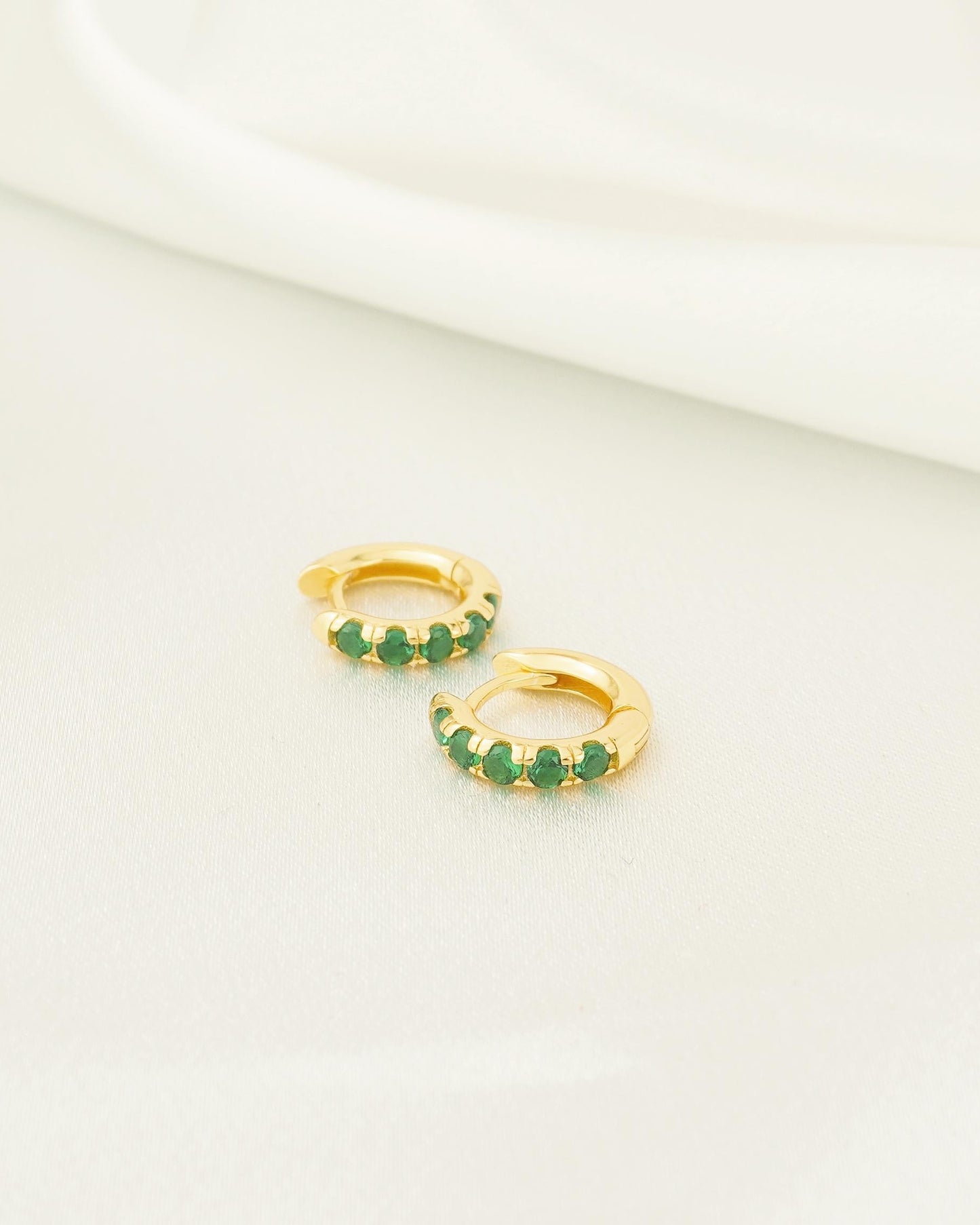 Pair of Emerald Green CZ Huggie Hoop Earrings in Sterling Silver or 18ct Plated Gold