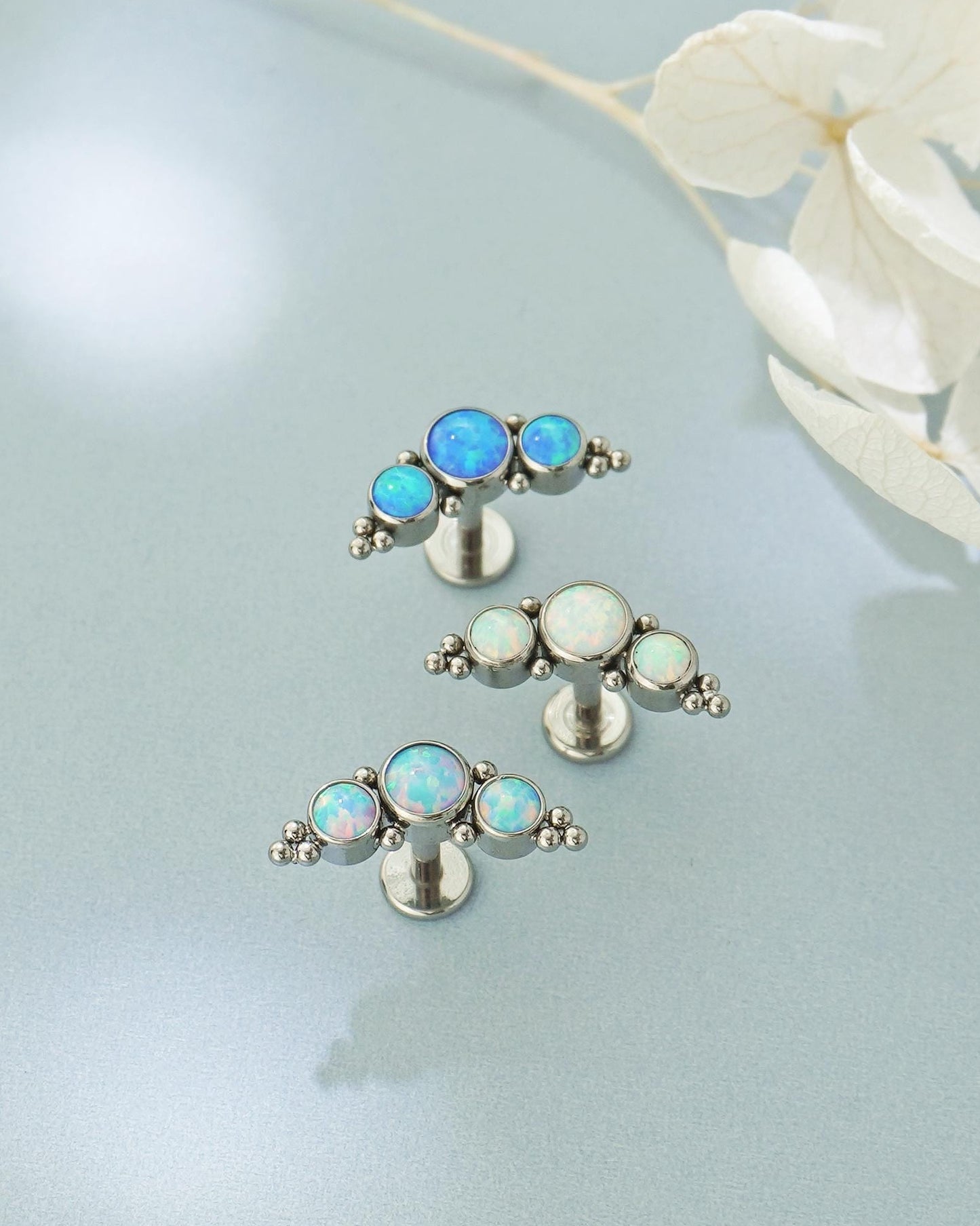 1 pc of Stainless Steel Opal Trio Stud Earring with Flat Screw Back, 3 Gem Cluster in Azure, Pacific Blue or White Stone