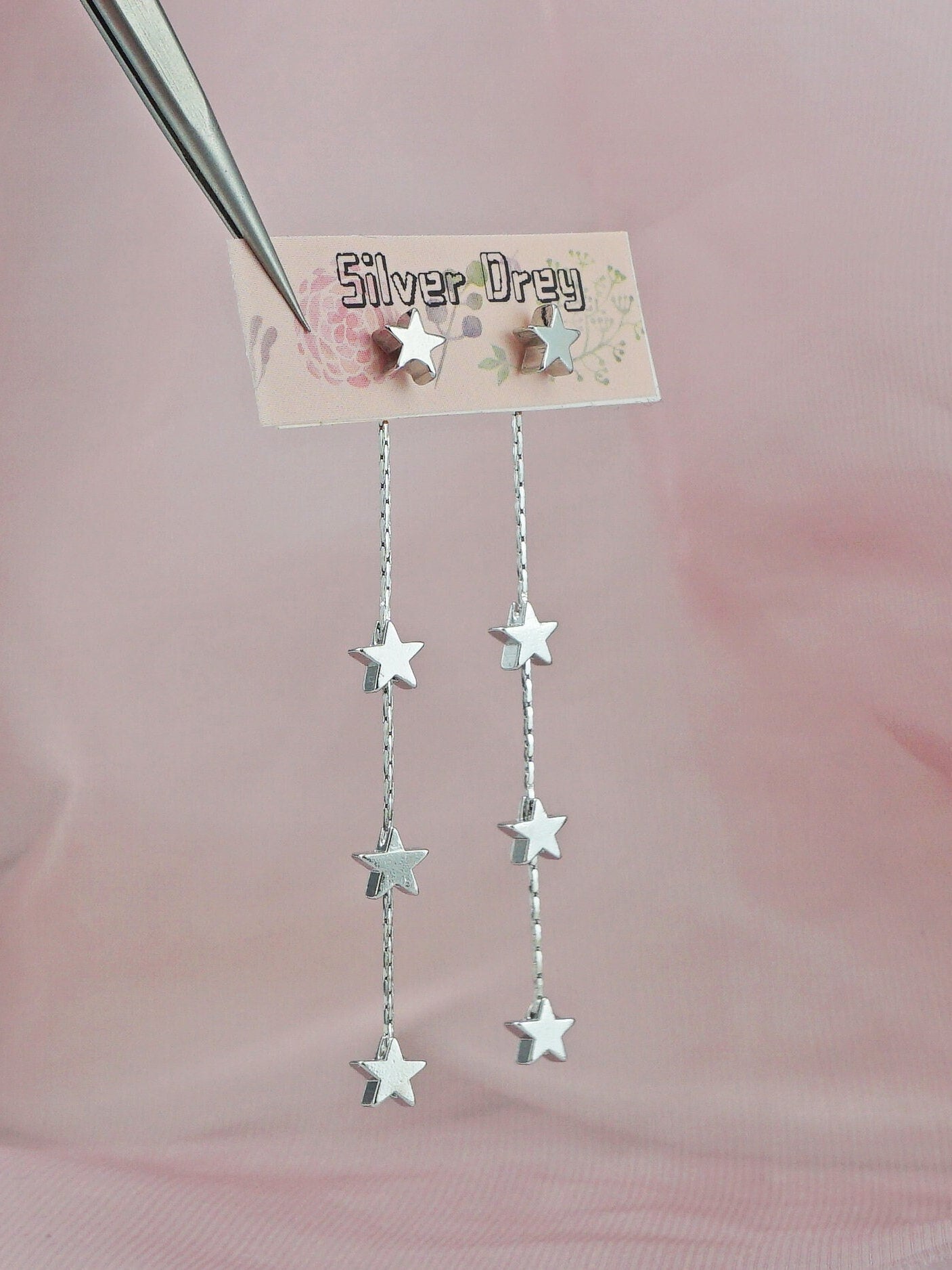 Pair of Brass Stud Earrings in Silver or Gold Finish, Dangly 3 Mini Celestial Charm on a Chain, Dainty Tassel Drop Lobe Jewelry