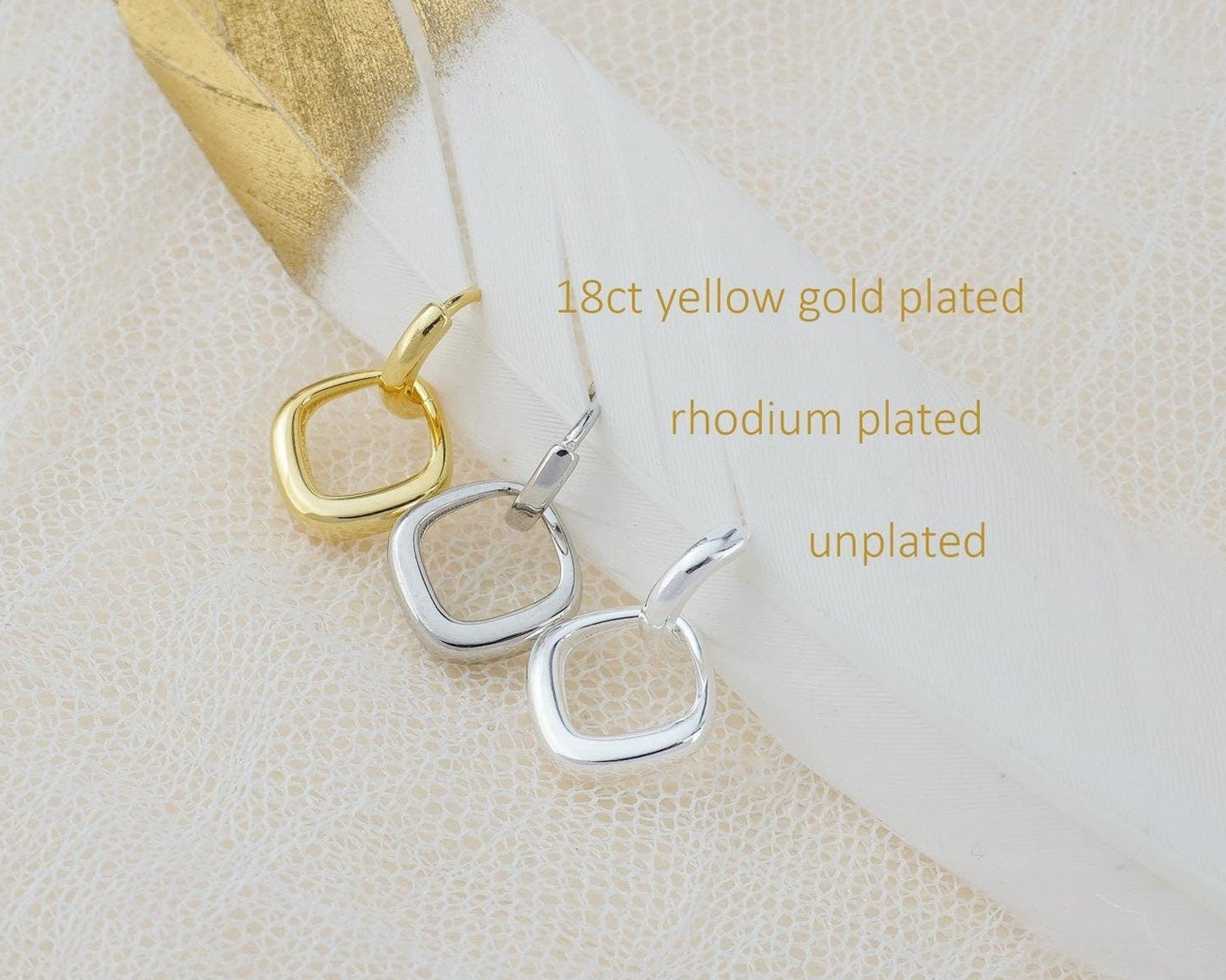 Pair of Minimal Double Hoop Huggie Earrings in Sterling Silver or Plated Gold, Dangly Linked Square Design