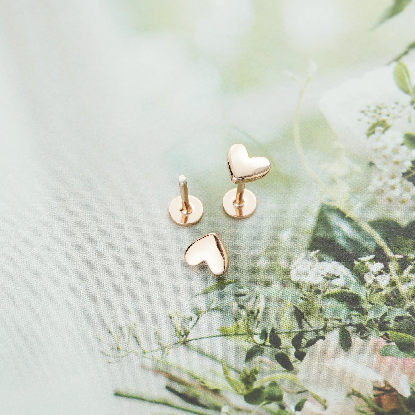 Pair of Tiny Heart Stud Earrings in Sterling Silver, 14ct Gold or Rose Gold, Flat Screw Back Piercing