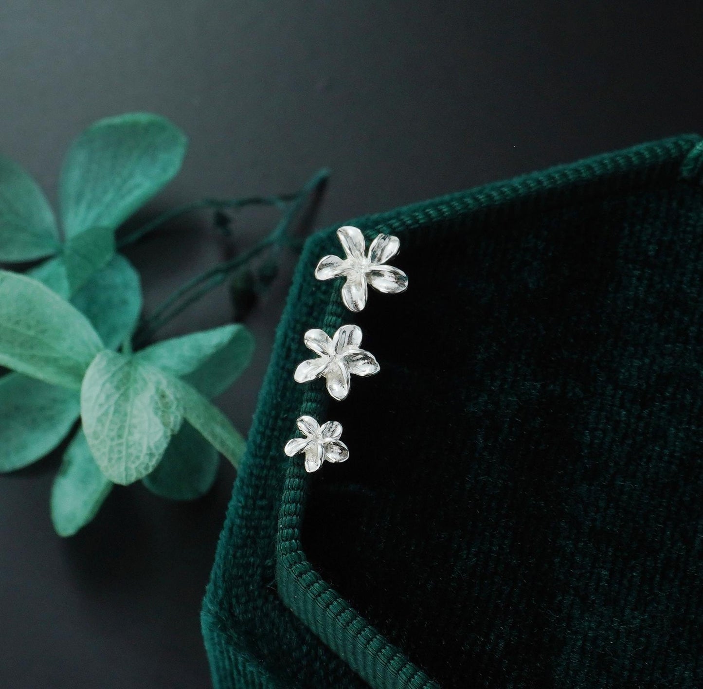 Pair of Tiny Plumeria Flower Stud Earrings in Sterling Silver, 3 Sizes Available