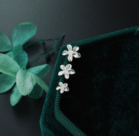 Pair of Tiny Plumeria Flower Stud Earrings in Sterling Silver, 3 Sizes Available