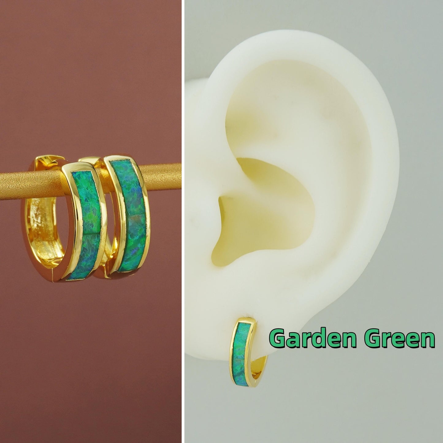 Pair of Elegant Opal Inlay Huggie Hoop Earrings in Gold Plated Brass, Purple, Blue, Green or White Stone