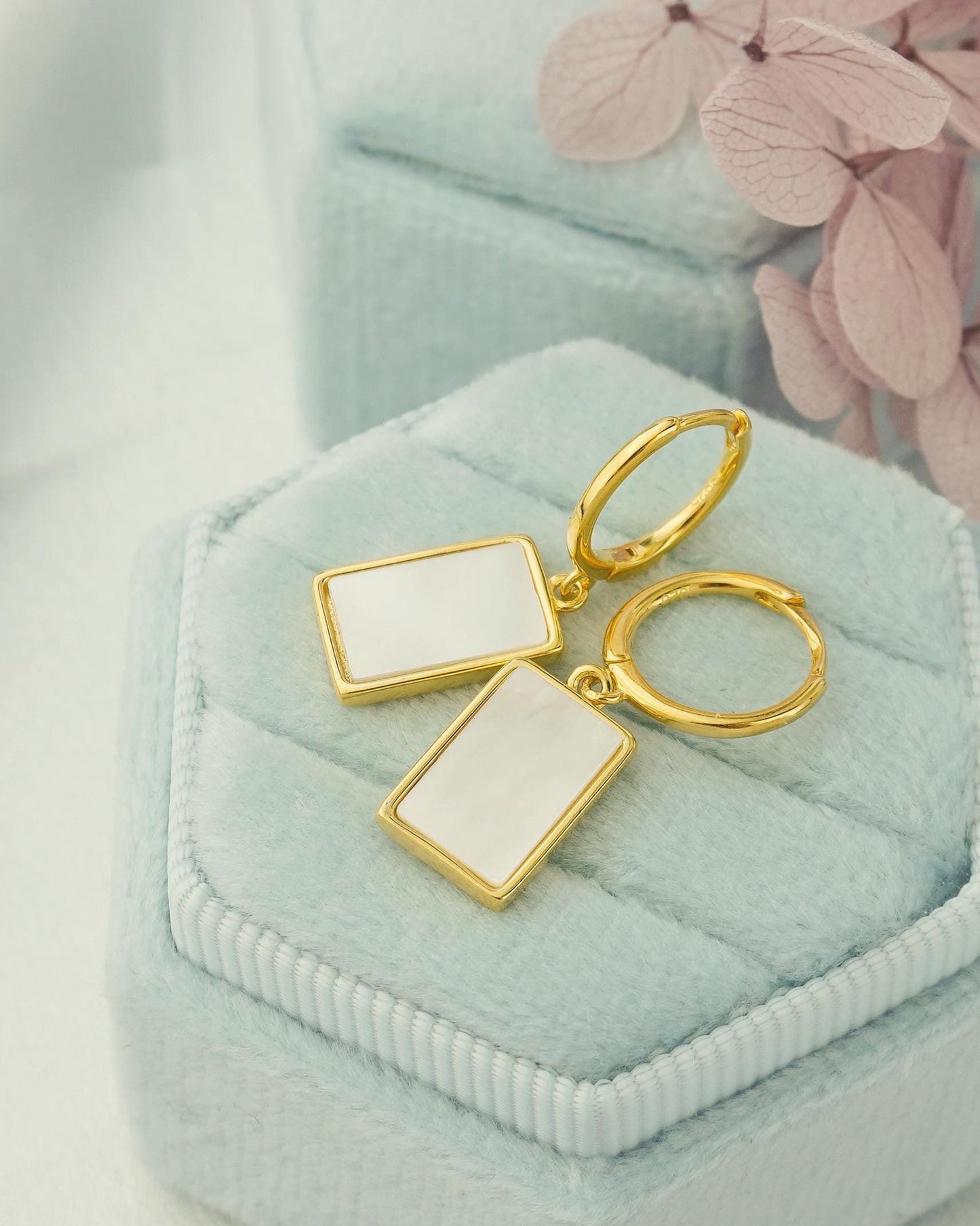 Pair of Dangly Rectangle Shell Charm Sterling Silver Hoop Earrings in Rhodium or 18ct Gold Plated