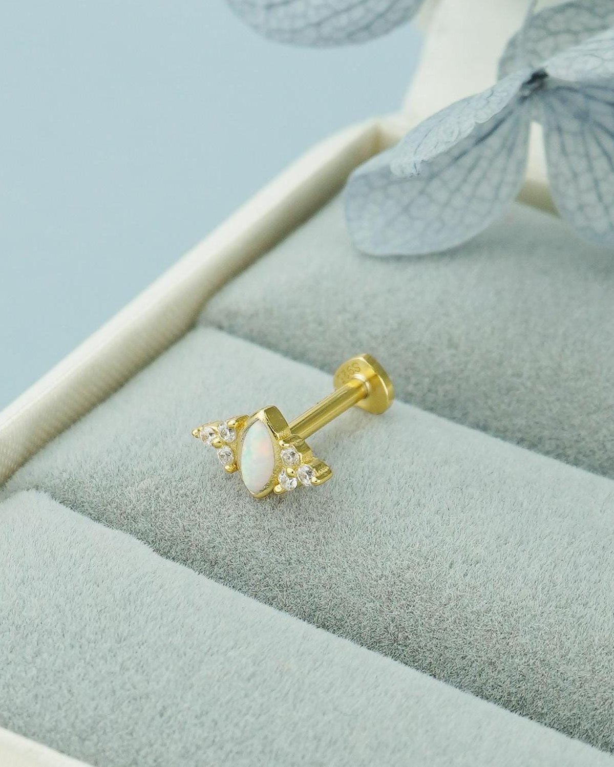 1 pc of Marquise Opal Stud Earring with Sparkly CZ Gem in 18ct Gold Plated over Sterling Silver, Lobe Tragus Cartilage Piercing Jewelry