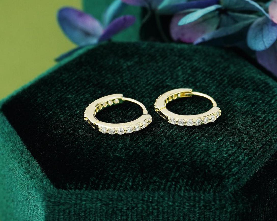 Pair of Skinny CZ Paved Huggie Hoop Earrings, Gold or Rhodium Plated over Sterling Silver, Front & back Design, available in 4 Sizes