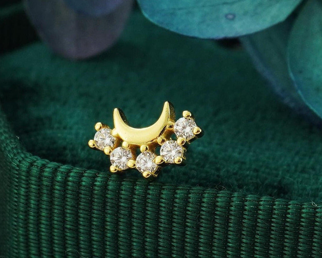 1 pc of CZ Moon Crown Stud Earring with Ball Screw Back, 18ct Gold Plated over Sterling Silver