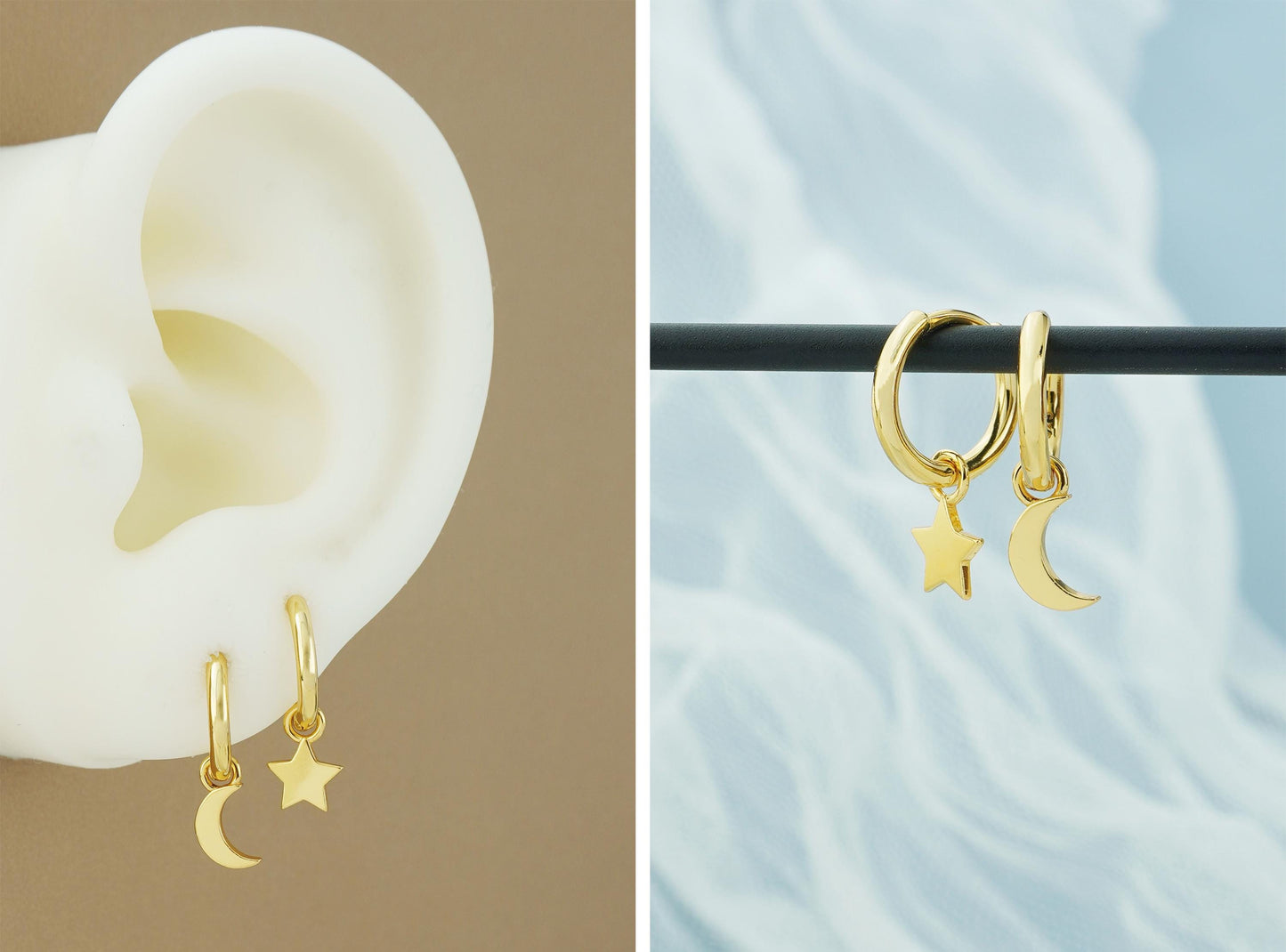 Pair of Dangly Star & Crescent Moon Huggie Hoop Earrings in Sterling Silver, Gold or Rose Gold Plated