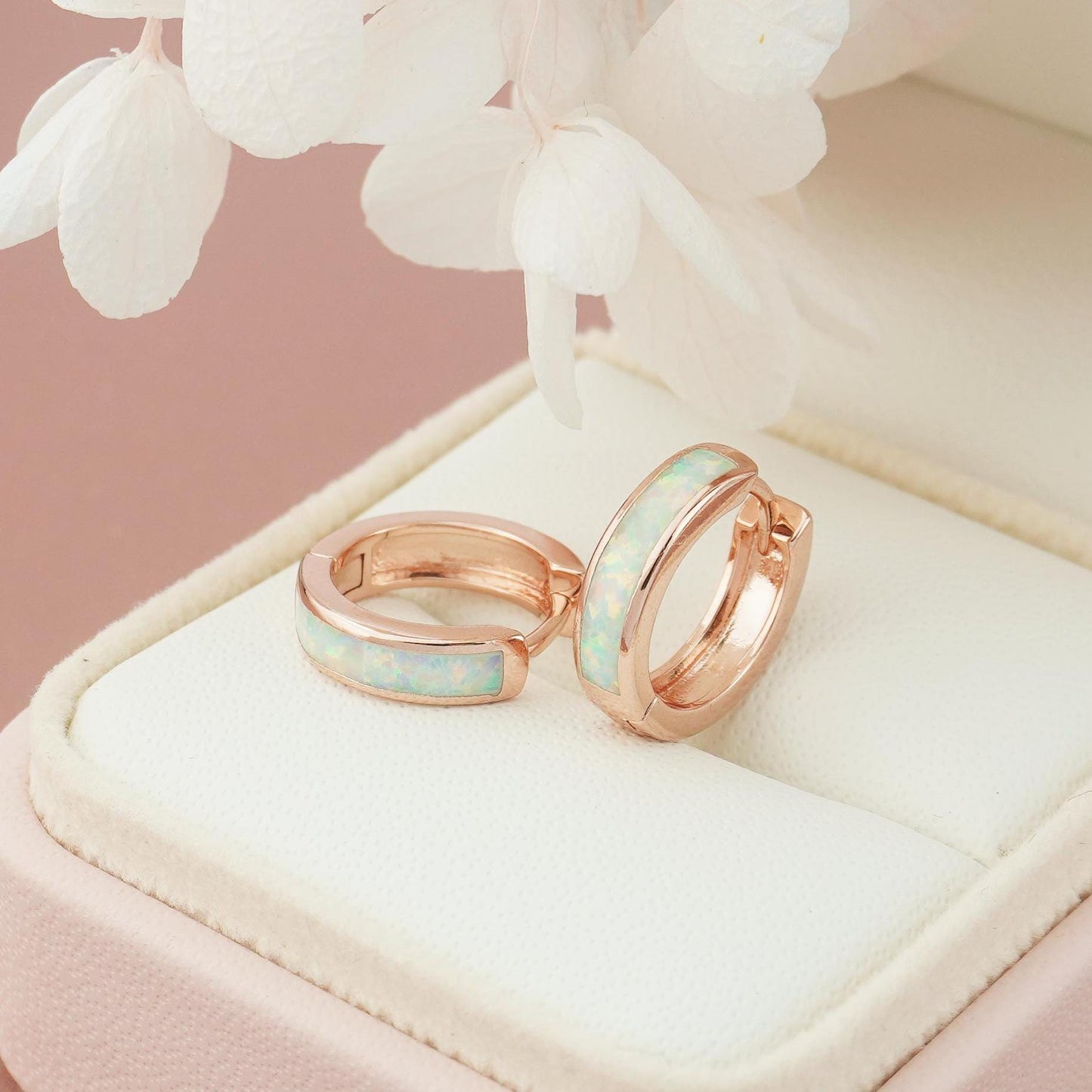 Pair of Elegant Opal Inlay Huggie Hoop Earrings in Rose Gold Plated Over Brass, Pink or White Stone