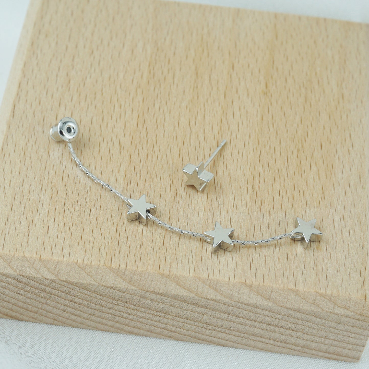 Pair of Brass Stud Earrings in Silver or Gold Finish, Dangly 3 Mini Celestial Charm on a Chain, Dainty Tassel Drop Lobe Jewelry