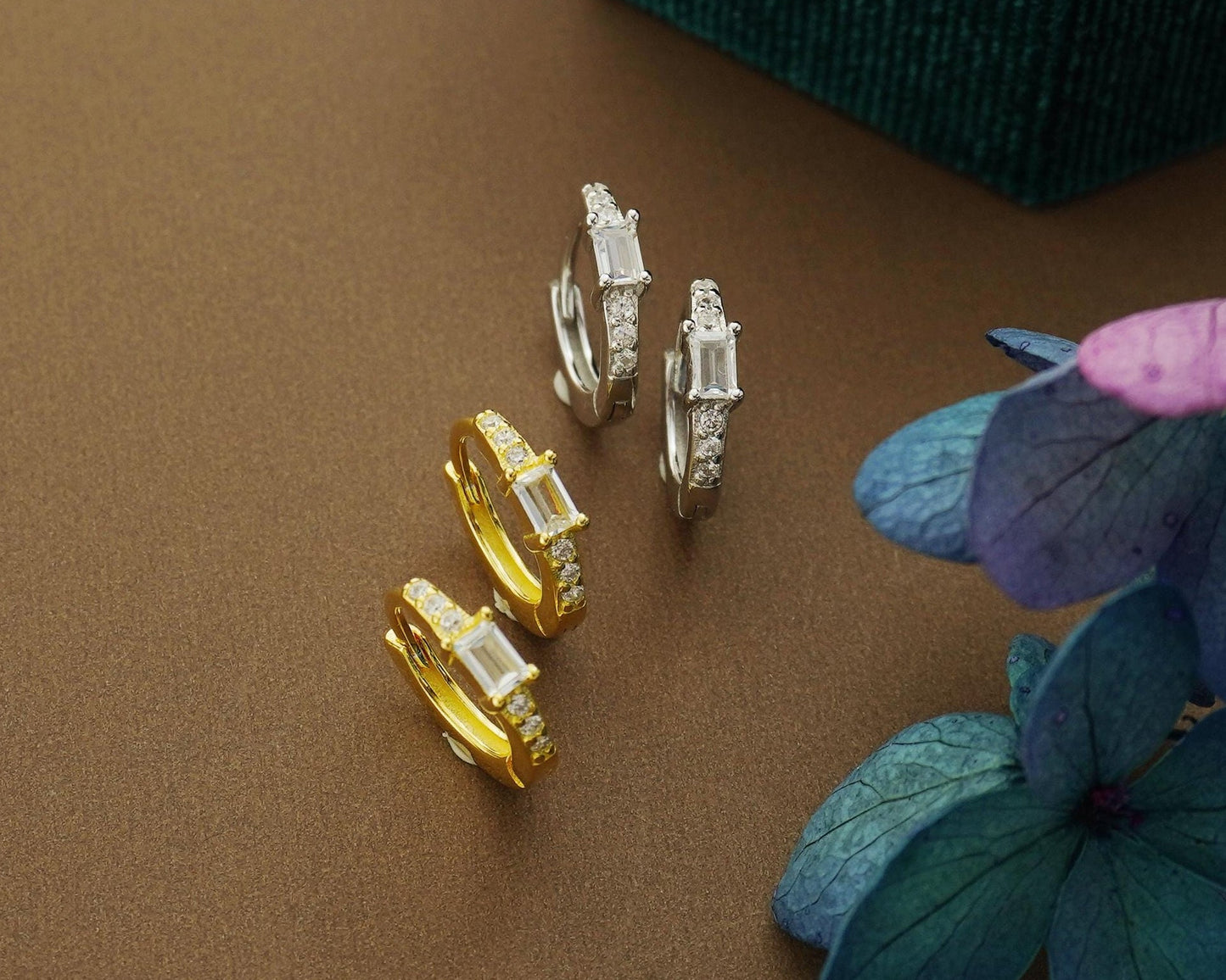 Pair of Paved Huggie Hoop Earrings in Sterling Silver or Plated Gold, Baguette CZ Stone