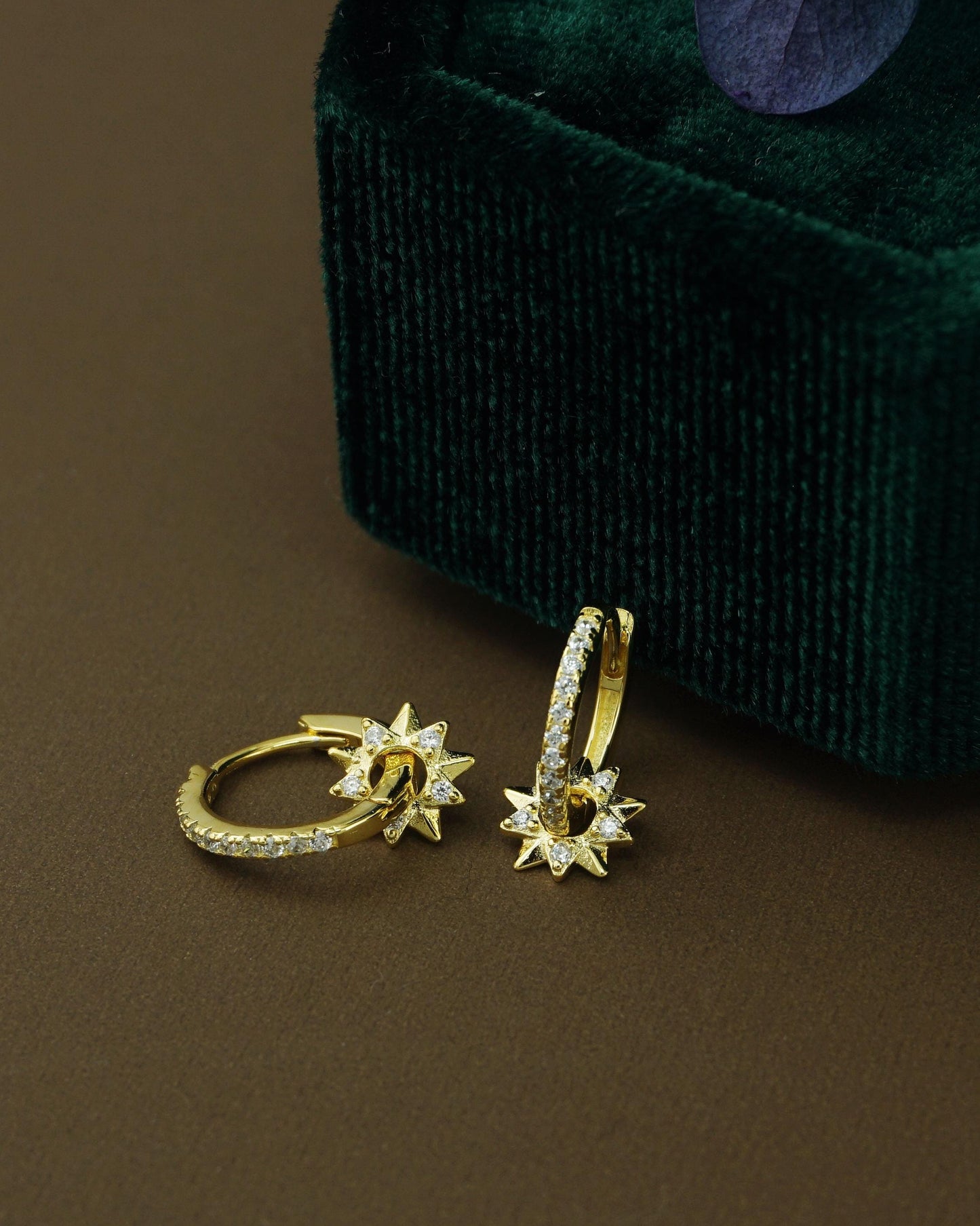 Pair of Sun Huggie Hoop Earrings in 925 Sterling Silver or Plated Gold, Sunburst Charm, CZ Paved Loop