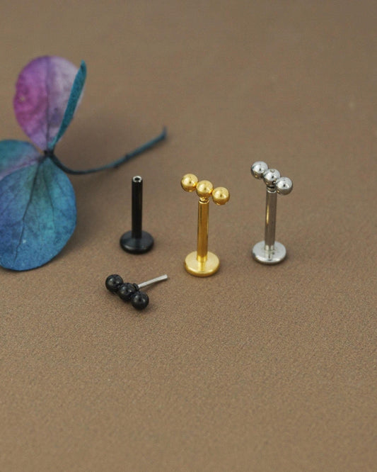 1 pc of Triple Ball Stainless Steel Push Pin Flat Back Stud Earring in Steel, Golden or Black Finish