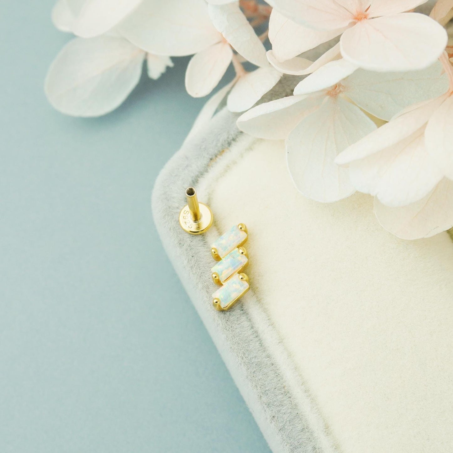 1 pc of Fire Opal Triple Baguette Flat Back Stud Earring in Gold Plated over Sterling Silver