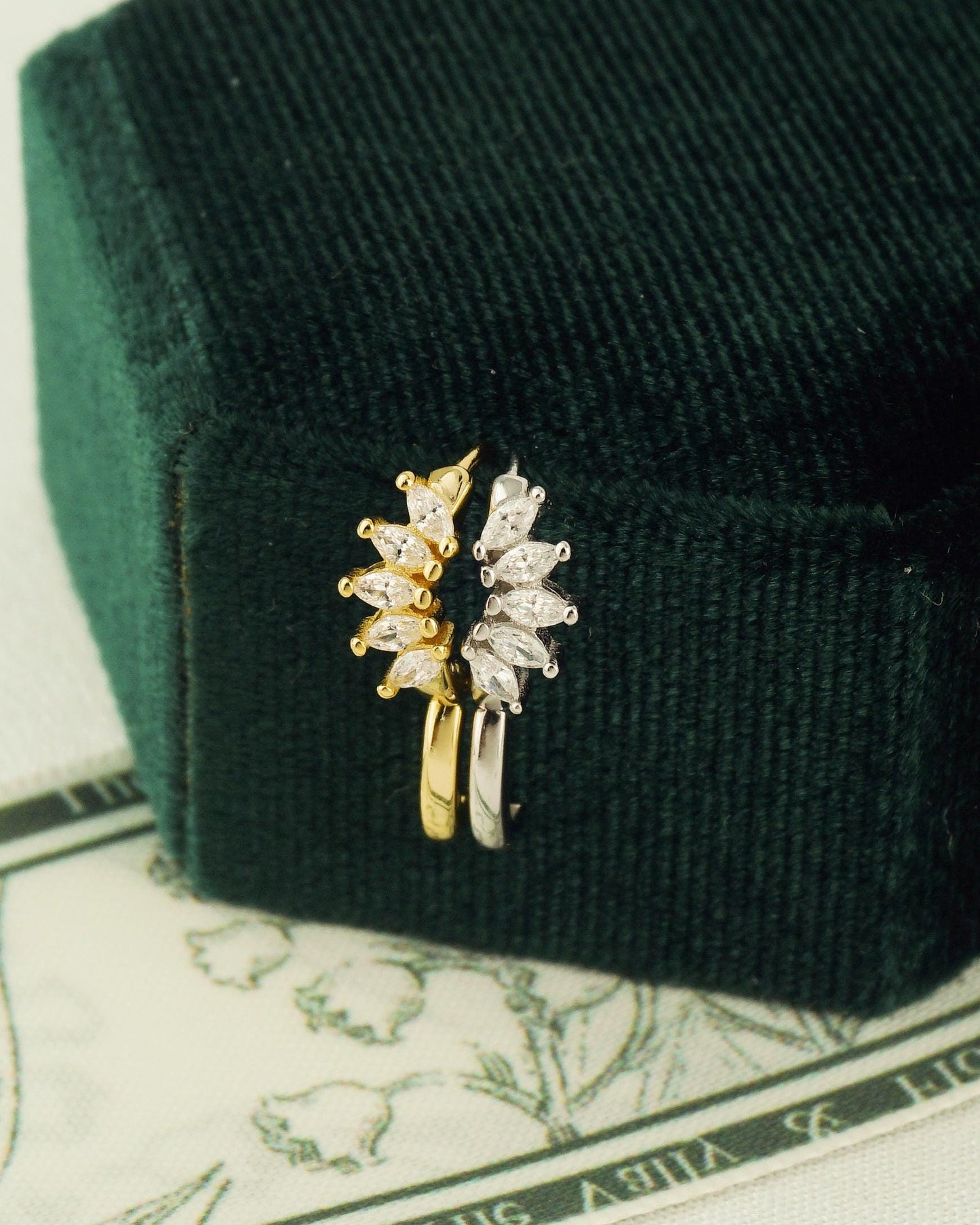 Pair of Marquise CZ Huggie Hoop Earrings in S925 Sterling Silver or Plated Gold, Five Leaf Cluster Crown