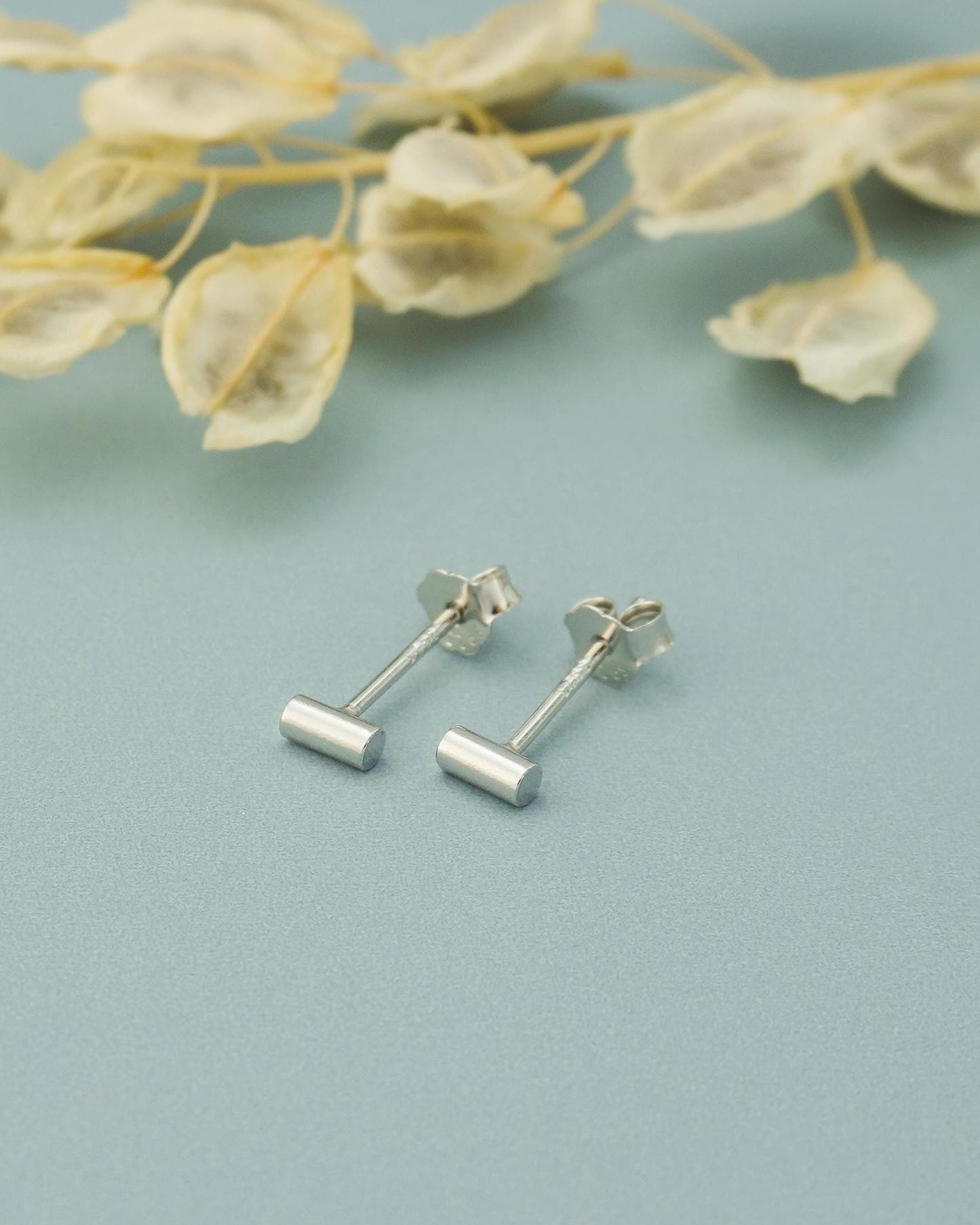 Pair of Tiny Sterling Silver 4mm Geometric Cylinder Tube Short Bar Stud Earrings
