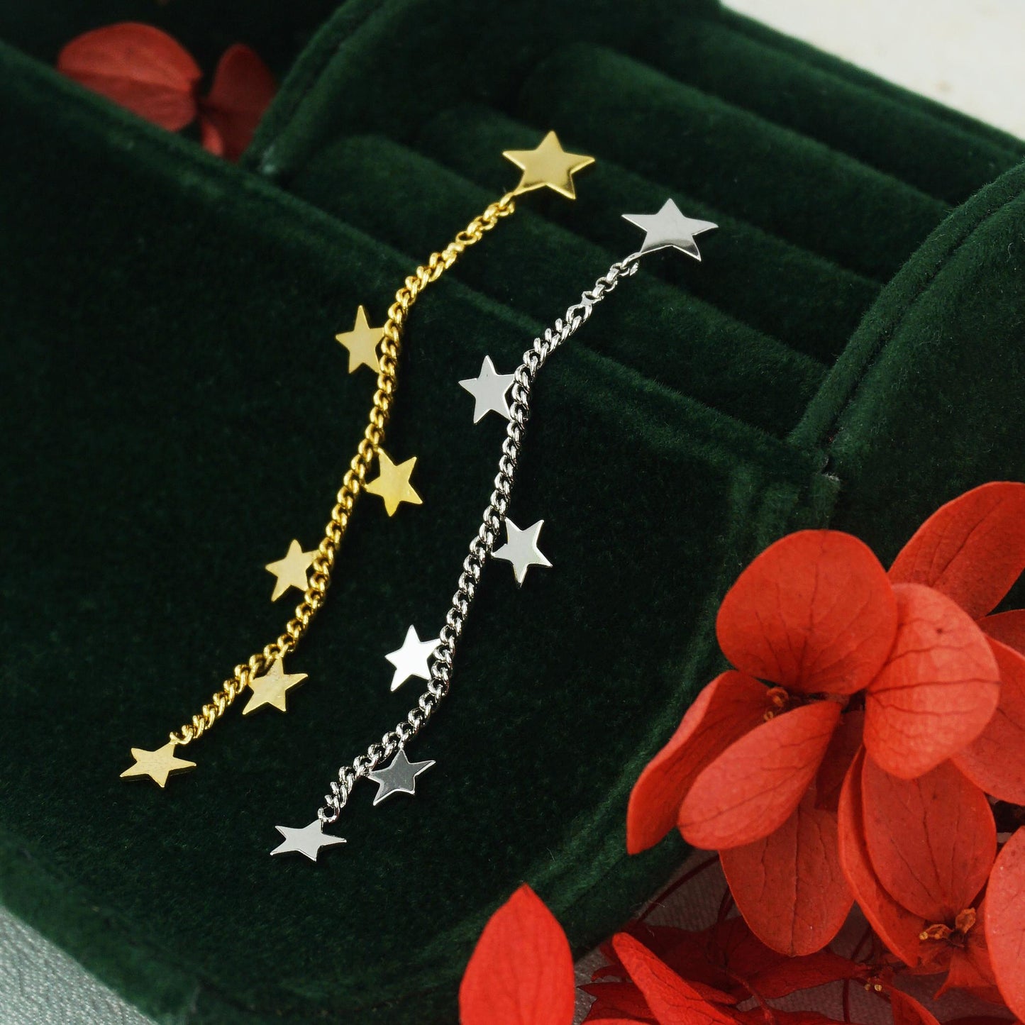 1 pc of 6 Mini Star Stud Earring in Sterling Silver or Plated Gold, Dangly Celestial Charm on Curb Chain