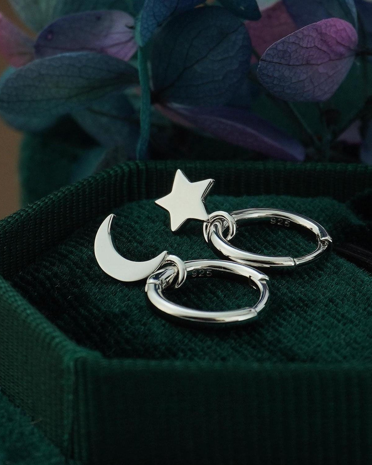 Pair of Dangly Star & Crescent Moon Huggie Hoop Earrings in Sterling Silver, Gold or Rose Gold Plated