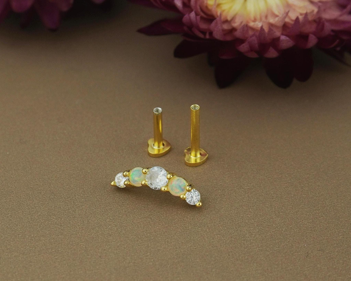 1 pc of Fire Opal & CZ Stud Earring in 18ct Gold Plated over Sterling Silver, Cartilage & Lobe Piercing Jewelry