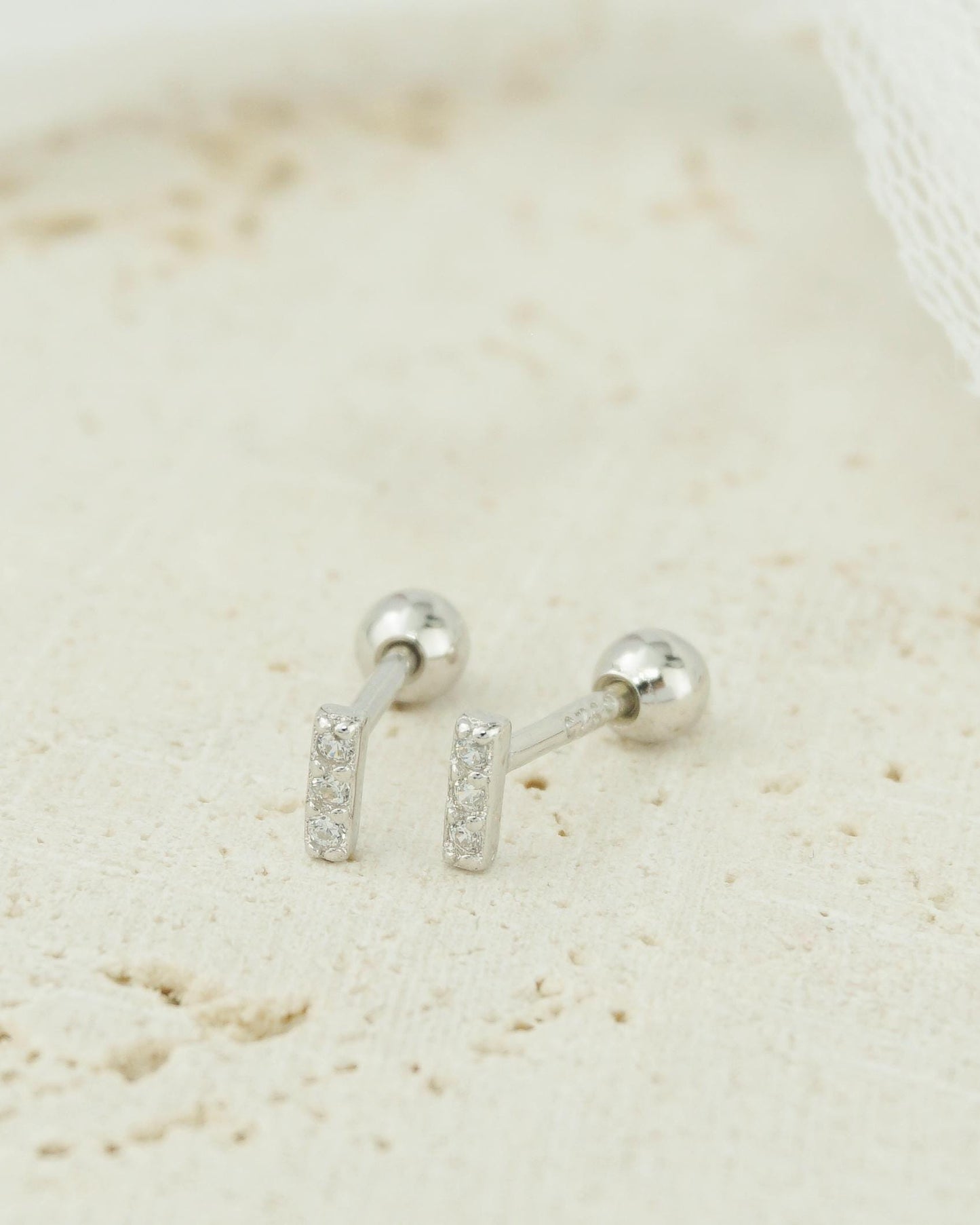 Pair of VERY TINY Paved Bar Sterling Silver Stud Earrings in Silver or Plated Gold, Sparkly CZ Stones, Simple Screw Ball Back