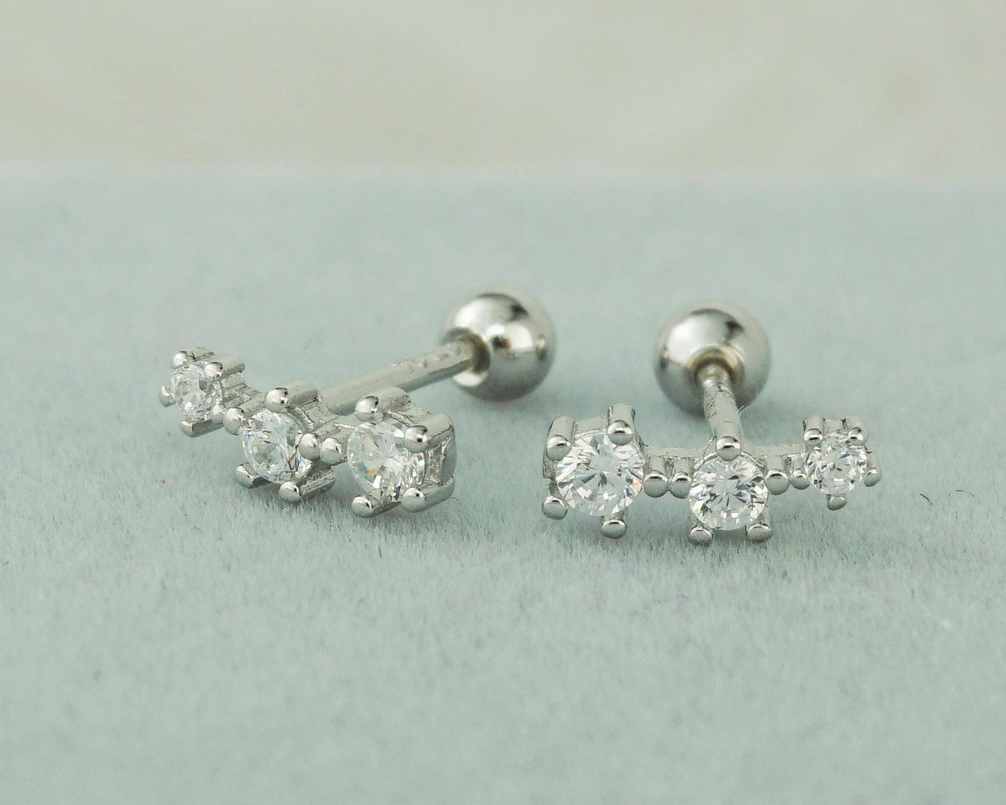 Pair of Tiny Sterling Silver Trio CZ Stud Earrings in Rhodium, Gold or Rose Gold Plated, Dainty Star Crawler with Screw Ball Back