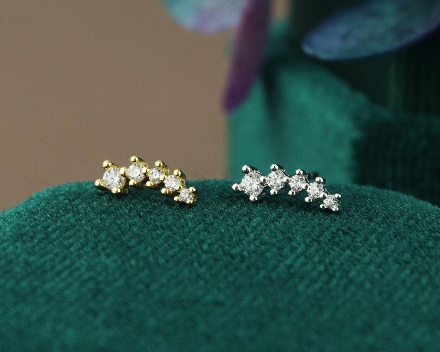 Pair of Sterling Silver 5 CZ Stud Earrings in Rhodium or 18ct Gold Plated, Sparkly Star Climber with Screw Back