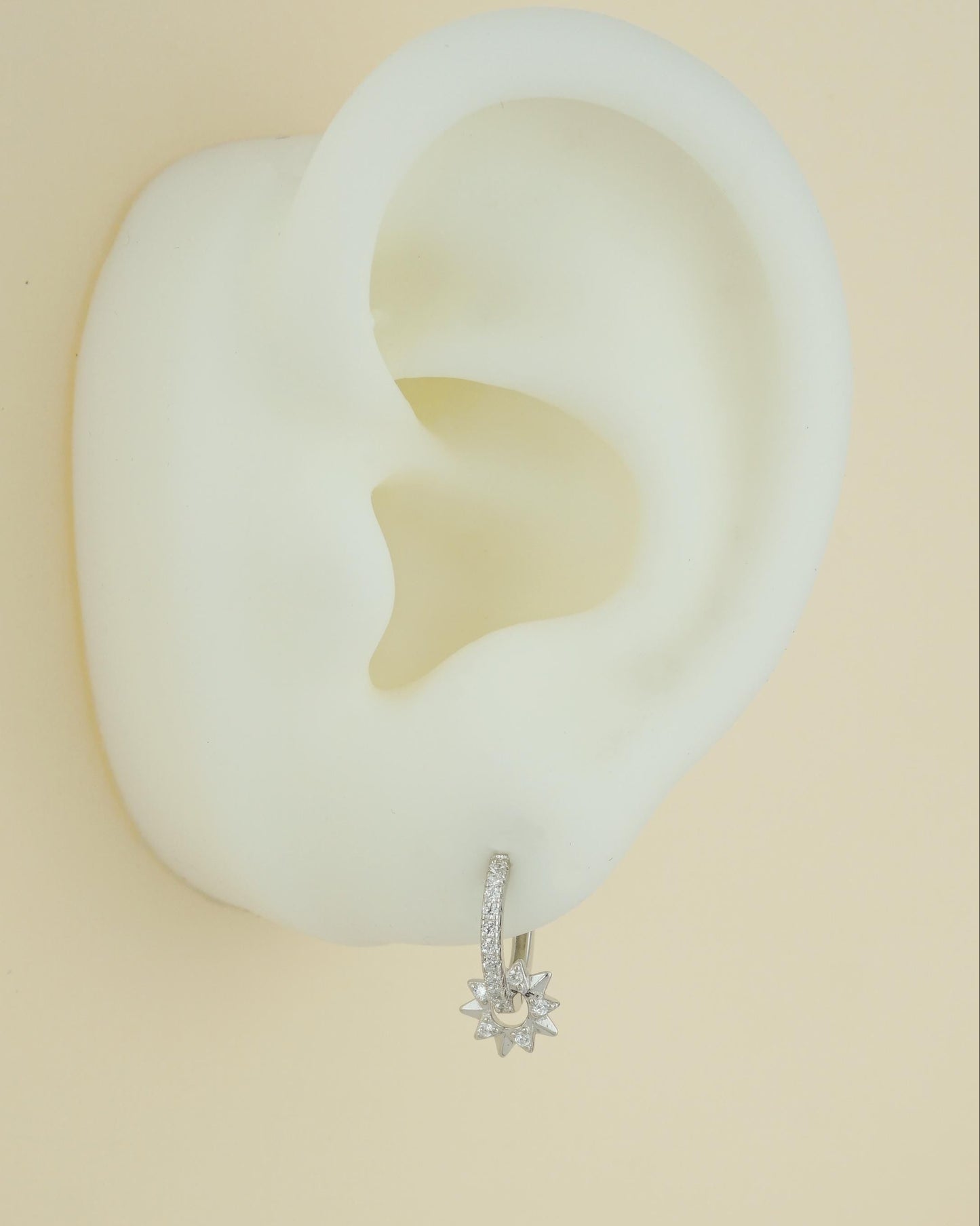 Pair of Sun Huggie Hoop Earrings in 925 Sterling Silver or Plated Gold, Sunburst Charm, CZ Paved Loop