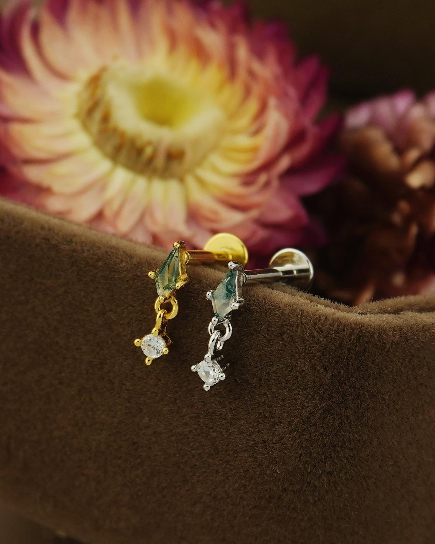 1 pc of VERY TINY Natural Green Moss Agate Kite Shape with Dangly CZ Stud Earring in Sterling Silver / Plated Gold