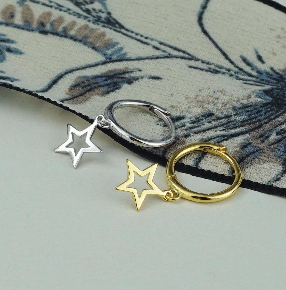 Pair of Dangly Open Star Huggie Hoop Earrings in Sterling Silver or Plated Gold