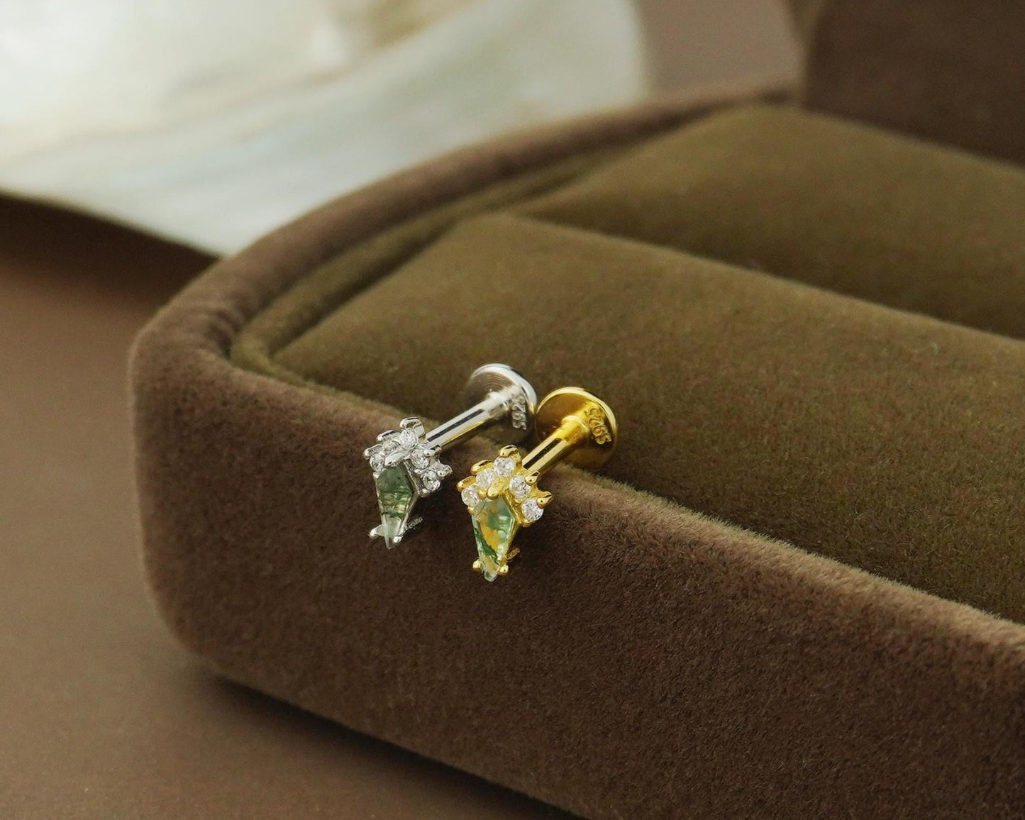 1 pc of Natural Green Moss Agate Kite Shape Flat Back Stud Earring in Sterling Silver or Plated Gold, Dainty CZ Helix Tragus Cartilage Piercing Jewelry