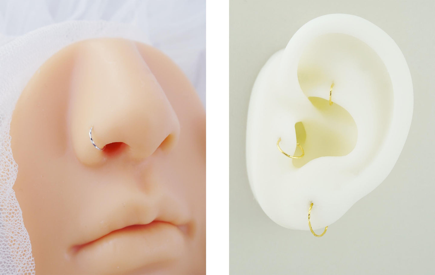 1 pc of 20G Tiny Thin Textured Twisted Nose Septum Hoop Ring in Sterling Silver or Plated Gold, Diamond Cut Cartilage Helix Tragus Earring, 6/8/10mm