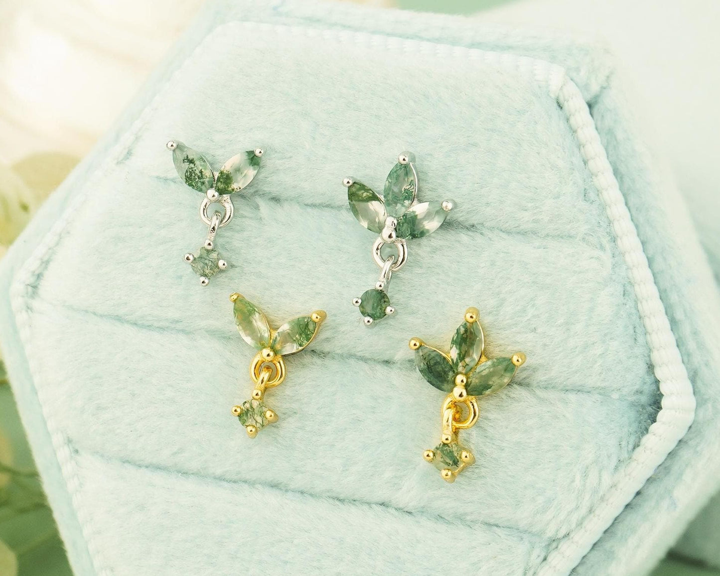 1 pc of Natural Green Moss Agate Flat Back Stud Earring in Sterling Silver/ Plated Gold